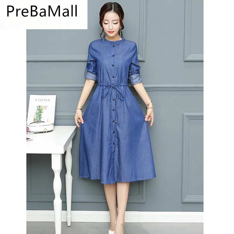

2019 Spring Solid Party Dresses Women Front Button Down Denim Dress Sexy Deep O Neck Mid-calf Long Sleeve Vintage Dress C01