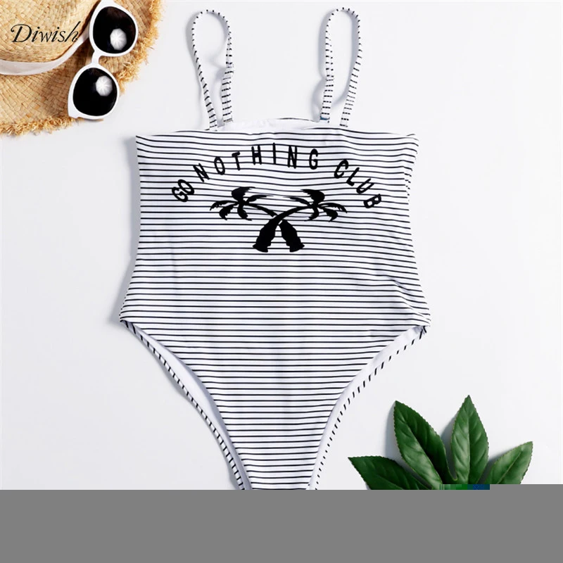 

Diwish Women Swimsuit 2019 Monokini One Piece Striped Black Swimsuit High Cut Sexy Bathing Suit Adjustable Strap Swimwear Women
