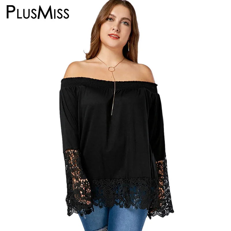 Cena Plus Rozmiar 5XL Sexy Off The Shoulder Top Czarny Kwiatowy koronki Crochet Bluzka Kobiety Odzież Flare Rękawem Jesień Blusas Duże rozmiar