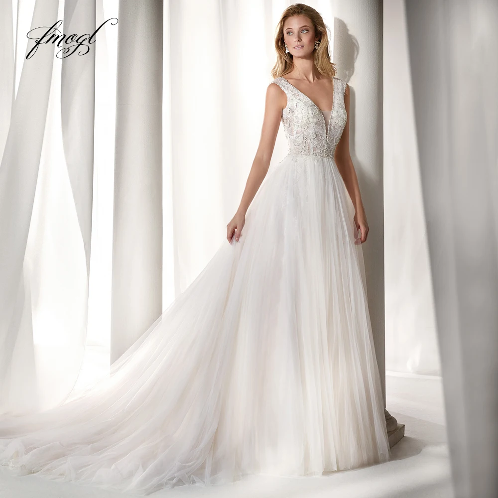 

Fmogl Vestido De Noiva Sexy Backless A Line Wedding Dress 2019 Deep V Neck Appliques Beaded Court Train Tulle Bride Gown