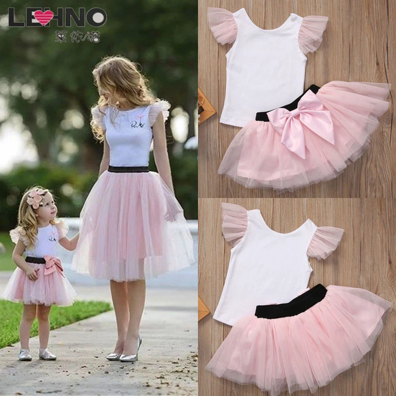

New Lovely T-shirt+Skirt 2pcs Mother Daughter Dress Cotton Summer Clothes Family Kids Parent-child outfits