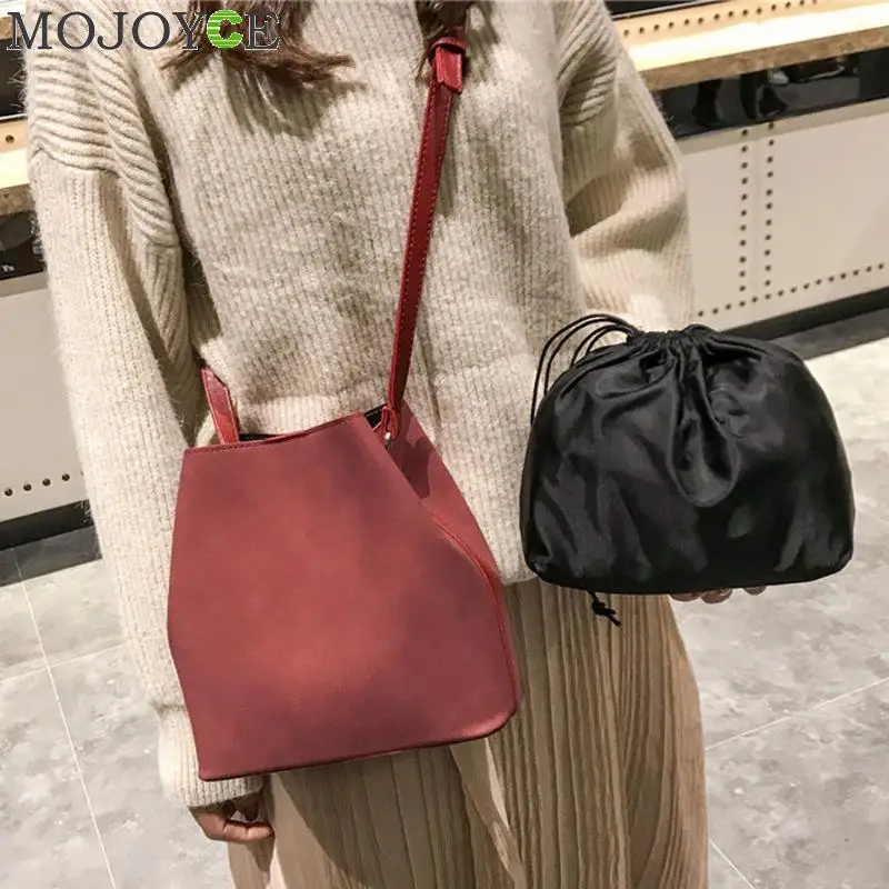 2pcs set Women Bucket Bag Scrub PU Leather Shoulder Bags Fashion Crossbody Bags for Women Composite