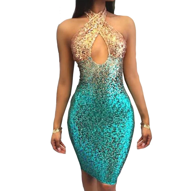 Summer Fashion Women Sexy Sequined Cross Wrap Halter Dress Dashing