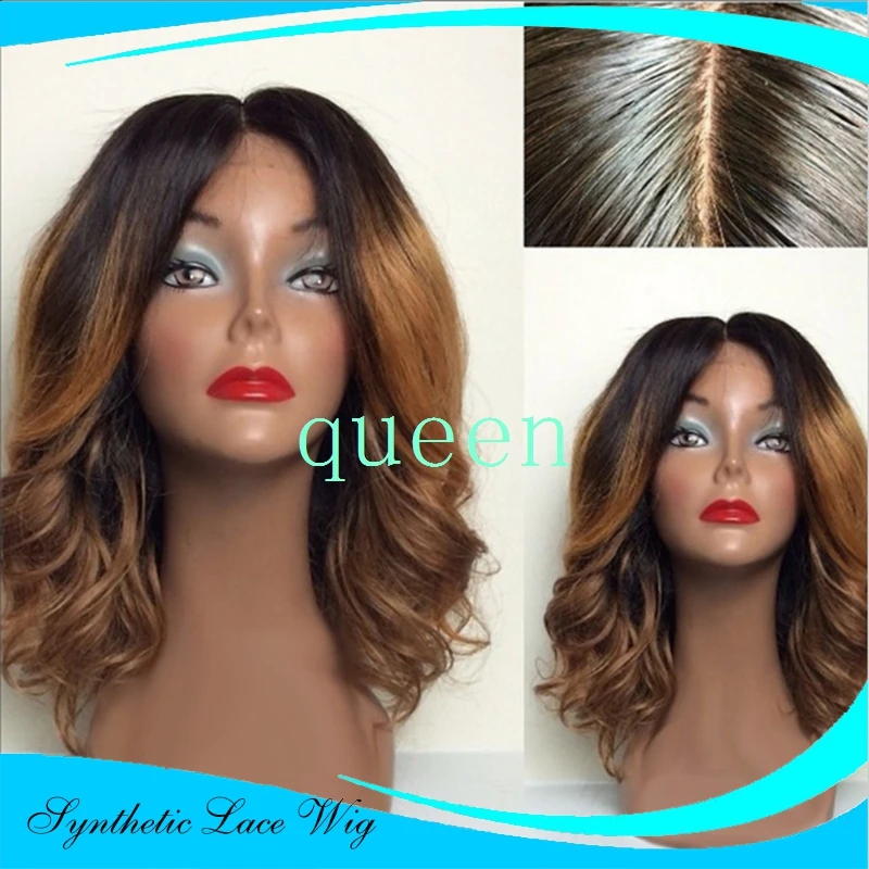 

short blond ombre wigs two tone color dark root natural wave heat resistant malaysian body wave synthetic lace front wig