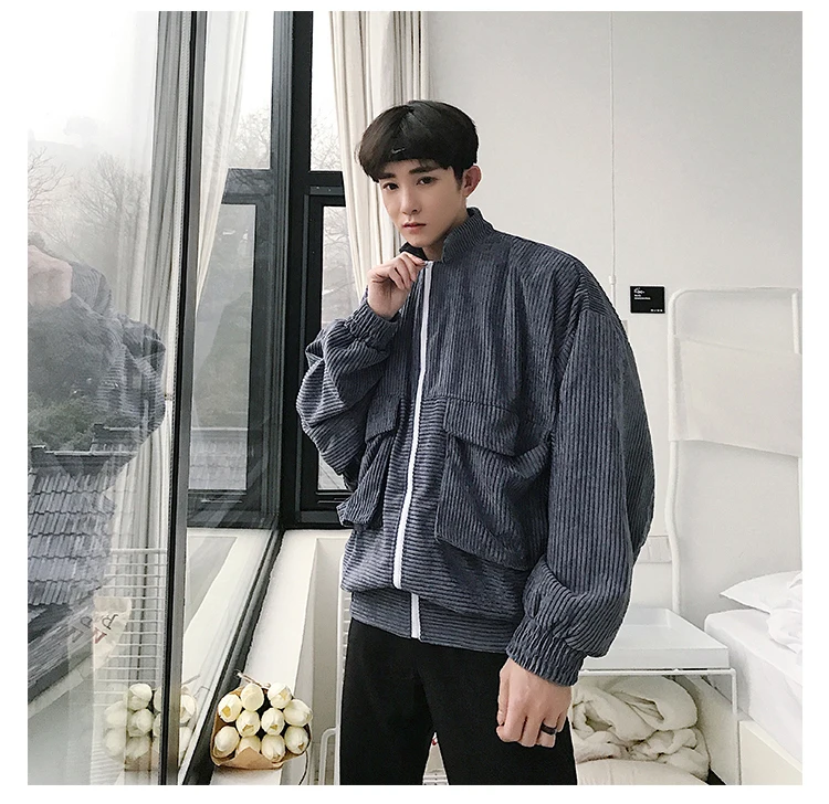 Newest Men's Fashion Corduroy Fabric Windbreaker Pocket Decoration Clothes Loose Bomber Streetwear Jacket Casual Coat M-XL