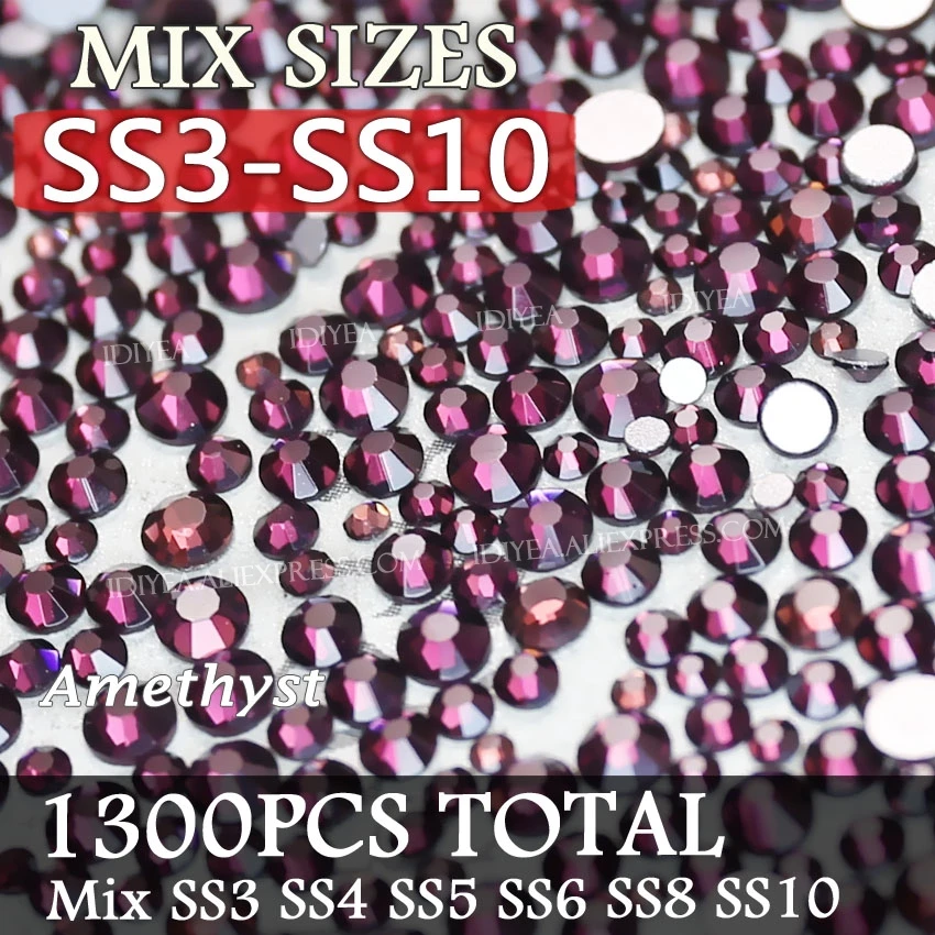 Смешанные размеры SS3-SS30 Аметист 3D дизайн ногтей Стразы для DIY маникюр Дизайн кристаллы, крепление которых не требует нагрева блестит Стразы камни на ногтях - Цвет: Mix Sizes SS3toSS10