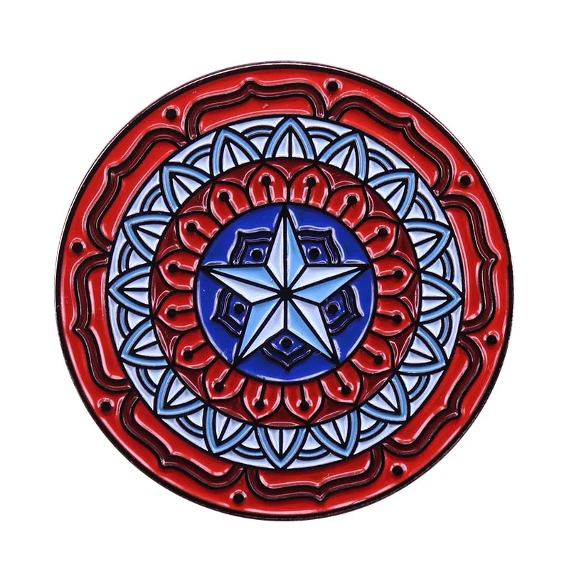 Captain America shield pin gorgeous mandala circles badge Marvel comic book jewelry visionary art accessory Captain America shield pin gorgeous mandala circles badge Marvel comic book jewelry visionary art accessory