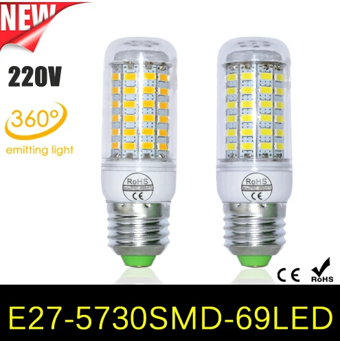 

1Pcs free shipping 9W E27 LED Corn Bulb 69LEDs SMD 5730 LEDAC 220V Samsung lamp Chandelier light for new year Home lighting