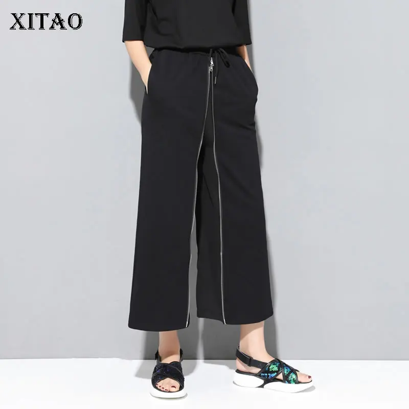 

[XITAO] Women 2019 Summer New Fashion Casual Flat Wide Leg Pants Female Solid Color Patchwork Pocket Ankle-length Pants ZQ1820