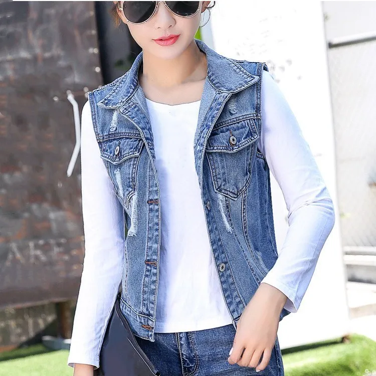 

Spring Summer Short Denim Vest Casual Slim Sleeveless Women Coats Female Holes Jeans Jackets Coats