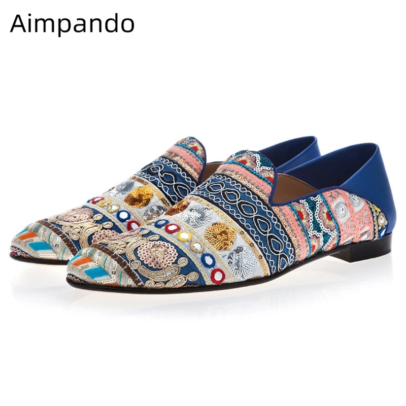 

Vintage Mixed Color Embroidery Casual Shoes Men Patchwork Round Toe Slip On Loafers Flat Dress Shoes Fashion Wedding Men Shoes