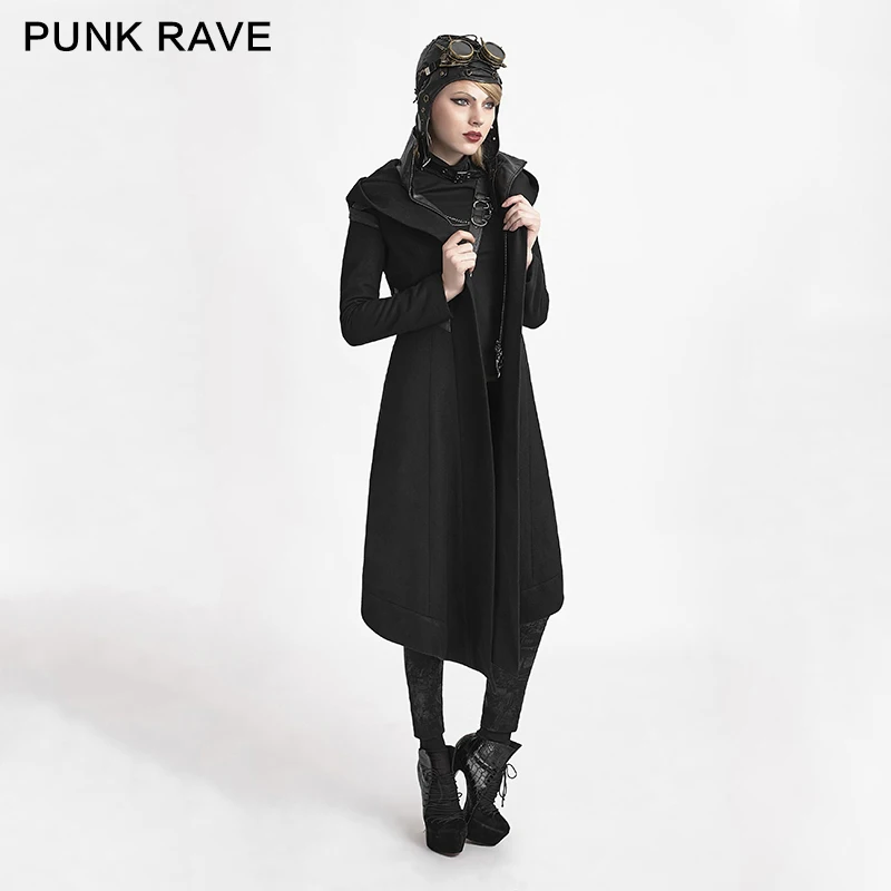 Женское панк пальто с капюшоном Черное длинное в стиле стимпанк Y611 S M L|long jacket|womens