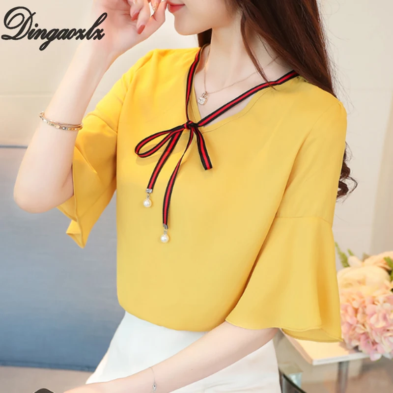 

Dingaozlz Summer Chiffon shirt 2019 Short-sleeved loose Casual Female Tops Bow tie New fashion Women blouse
