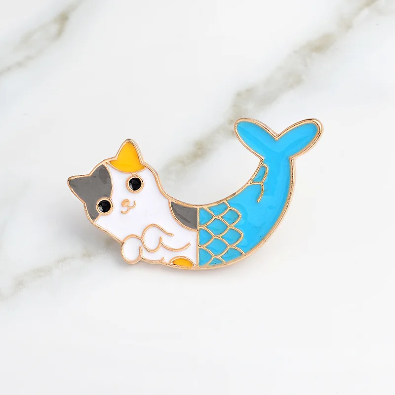 

Blue Cat Fish Fishtail Creative Animal Brooch Lucky Mermaid Badge Enamel Denim Leather Pin Child friend Cartoon Fashion Gift
