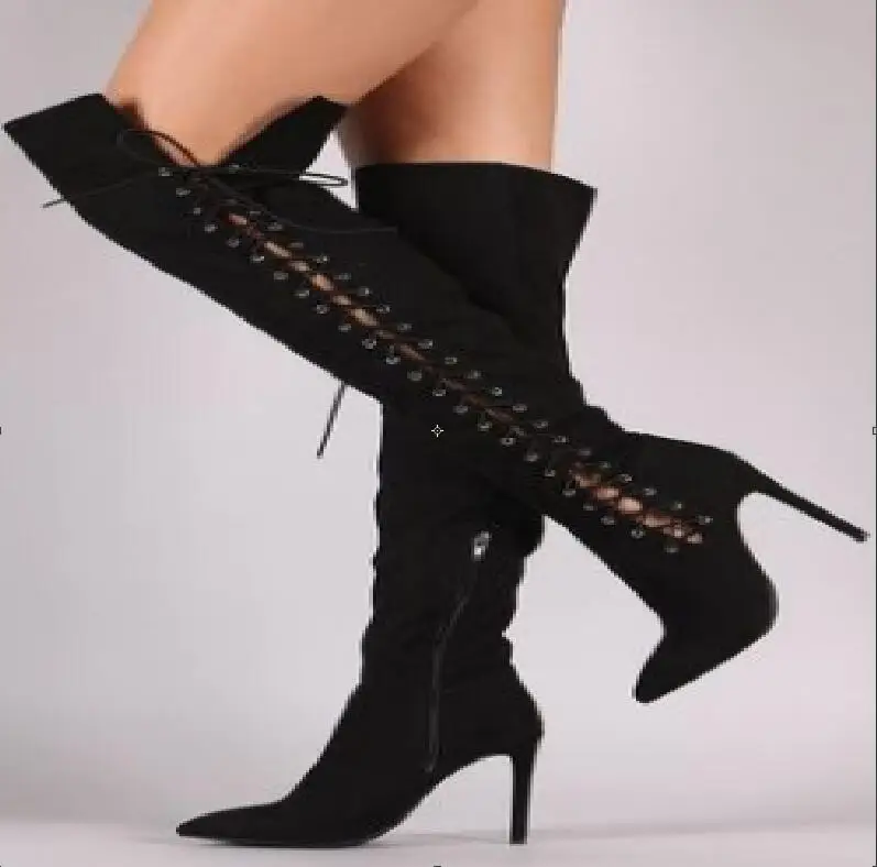 

Hot Sexy Fashion Black/Gray/Leopard Flock Over-the-Knee Shoes Pointed Toe Thin Heels Shoes Cross-Tied Zip Women's Boots