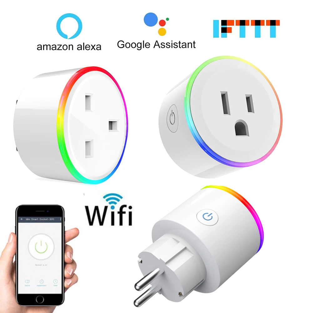 

RGB Scene Light Smart Plug Wifi Smart Socket Power Monitor EU US UK Korea Plug Outlet Works With Google Home Mini Alexa IFTTT
