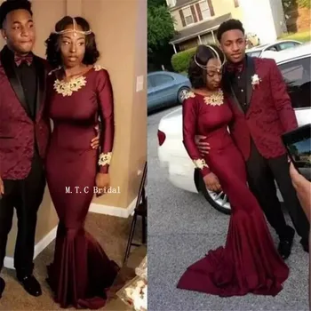 

Burgundy Long Sleeve African Evening Dress 2019 Gold Lace Elastic Satin Mermaid Prom Gowns High Quality Wedding Party Dresses