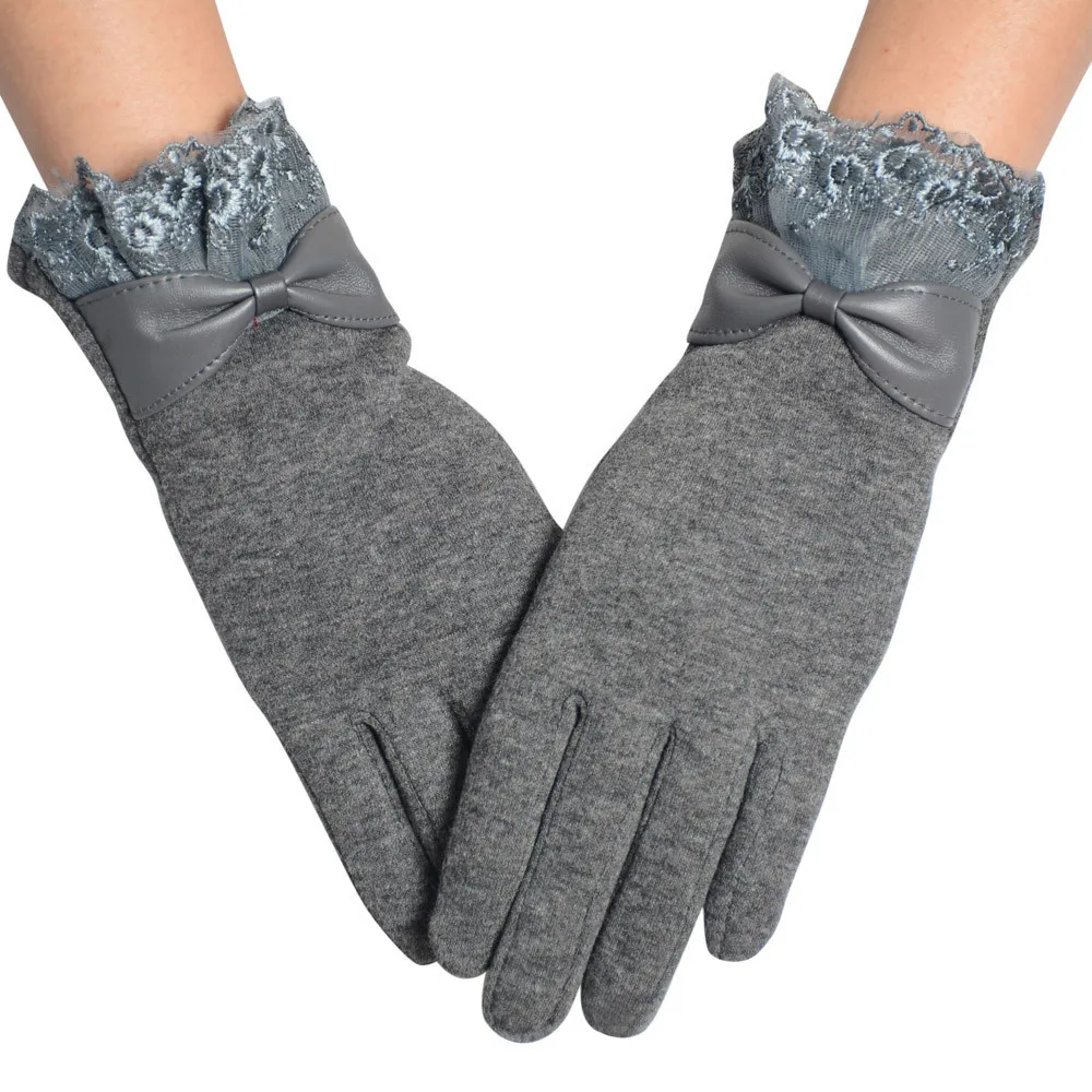 Женские зимние теплые перчатки элегантные кожаные кружевные перчатки с бантиком смесь хлопка полный палец Роскошные варежки Handschoenen# T1P