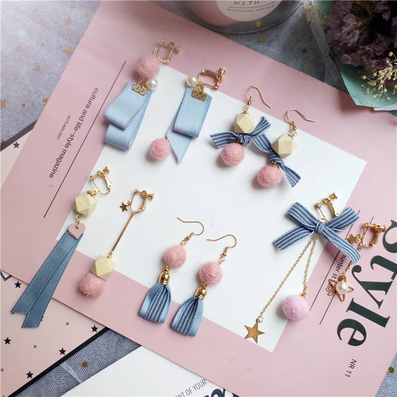 

Korean Japan Cute Pink Blue Bow Knot Princess Girls Woman Clips Dangle Drop Earrings Handmade Fashion Jewelry-JQD5