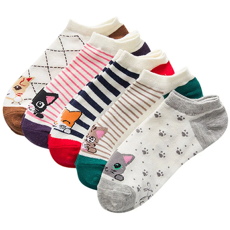 

5 Pairs Women Cotton Ankle Socks Soft Comfortable Elasticity Sock Mouth Interesting Cartoon Cat Striped Color Happy Casual Socks