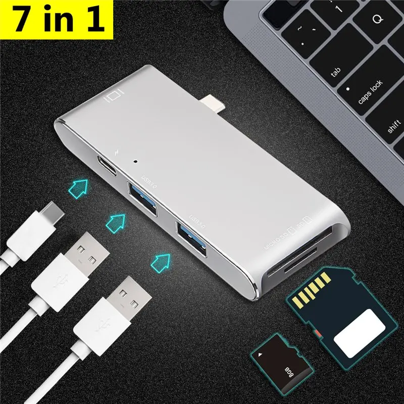 

7 In 1 USB 3.0 Hubs 5Gbps Type-C Output SD/TF Card Reader HUB USB 3.0 Adapter Charging Port Hubs for Mac PC Notebook