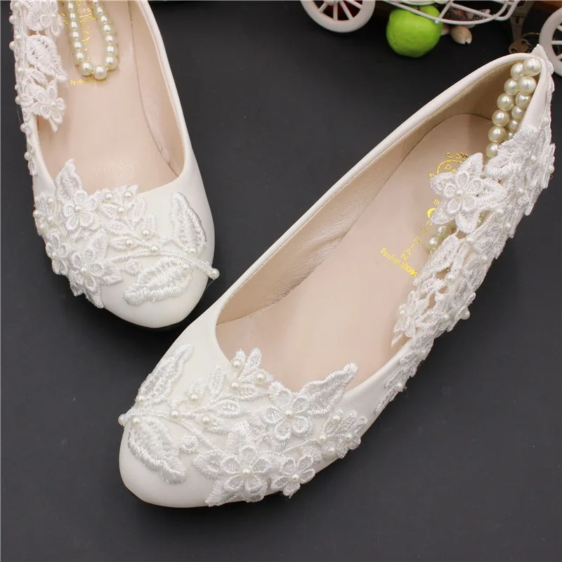 

women's Spring summer new sandals ladies white lace flower wedding handmade pearl bracelet bridal shoesYasilaiya flat sandals