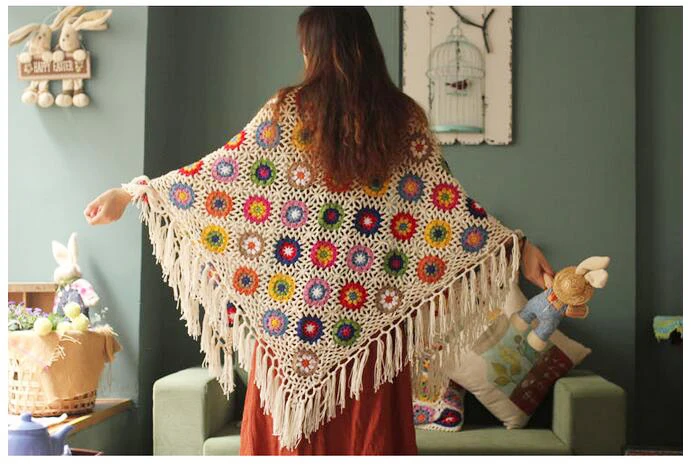 Ручная работа вязание крючком 175X85 см цветы бросок красочная шаль с бахромой одеяло скатерти для кофейных столиков диван покрывающий голову шарф