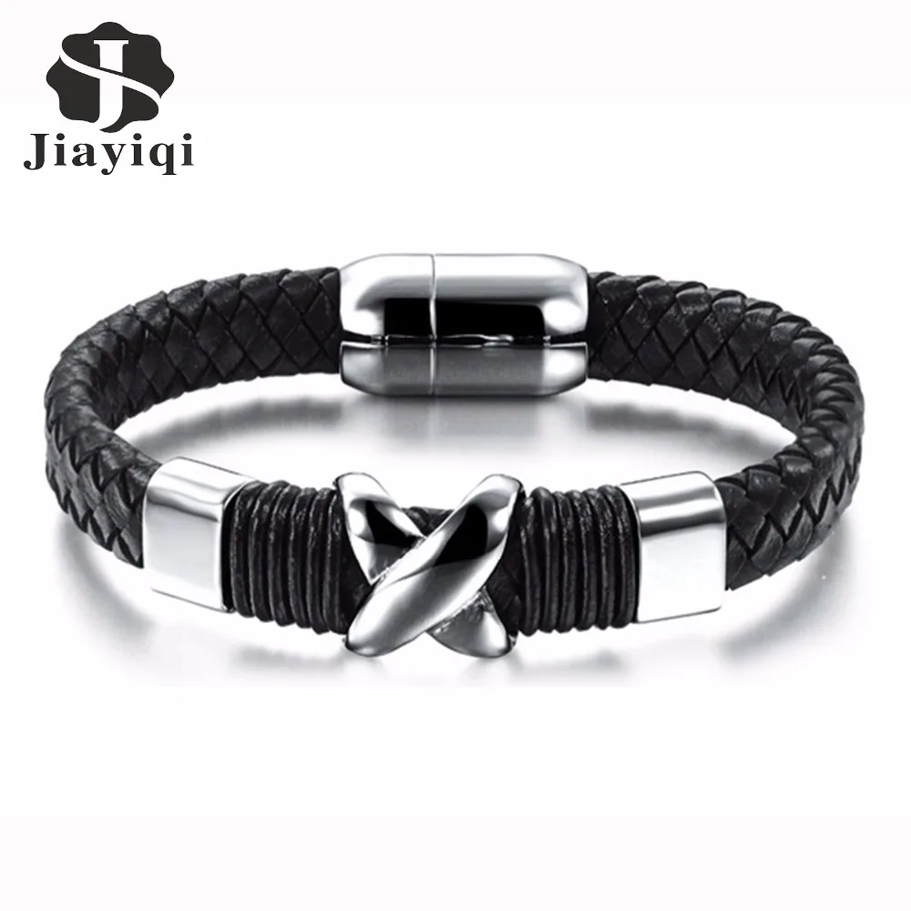 

Jiayiqi 2017 Hot Cross Stainless Steel Bracelet Men Cuff Braid Leather Bracelet Bangle For Men Jewelry Magnetic Clasp 18/20/22cm