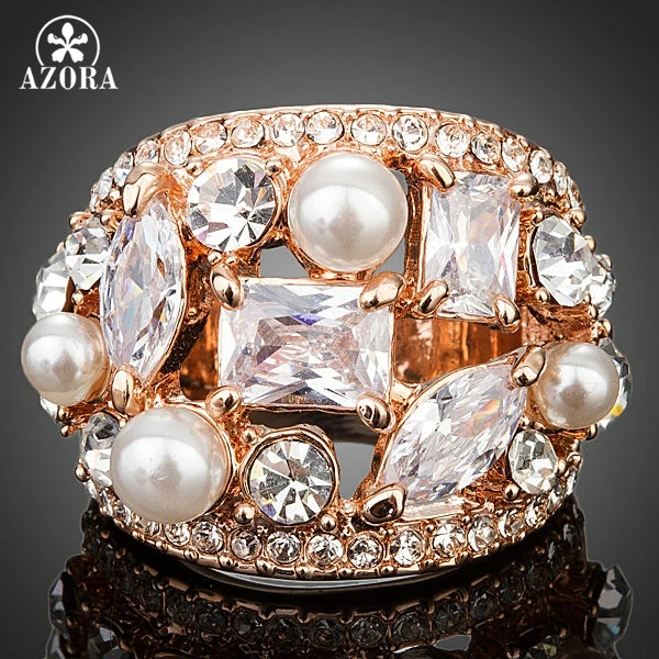 

AZORA Rose Gold Color Clear Cubic Zirconia With Pearl Ring TR0132