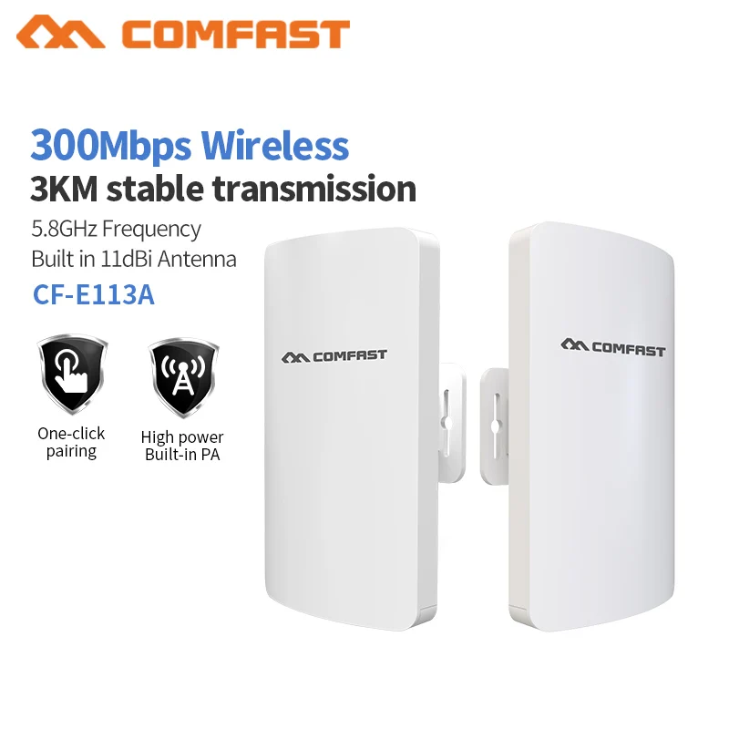 

2pc/set Comfast CF-E113A 300Mbps High Power Outdoor Wifi Bridge Router Built-in PA 3KM 5.8Ghz One Click Pairing Stable Wifi CPE