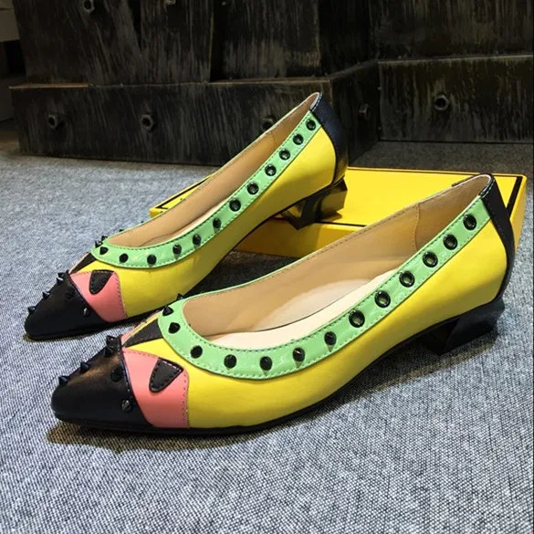 

2018 New Spring Summer Shoes Woman Shallow Pumps Pointed Toe Metal Rivet Designer Woman Tide Pumps Leather Casual Woman Shoes