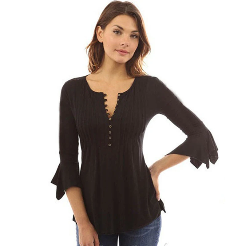 

Plus Size Women Blouse Long Top Casual Solid V-Neck Flare Sleeve Sexy Slim Fashion Blouse for Women Spring Elegant Clothes