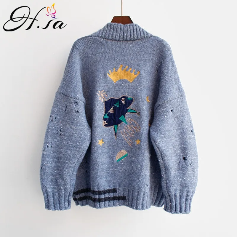 Price HSA 2018 Autumn Winter Women Sweater Cardigans Cartoon Embroidery Cardigans Poncho Single Breasted Knit Sweater Harajuku out Top