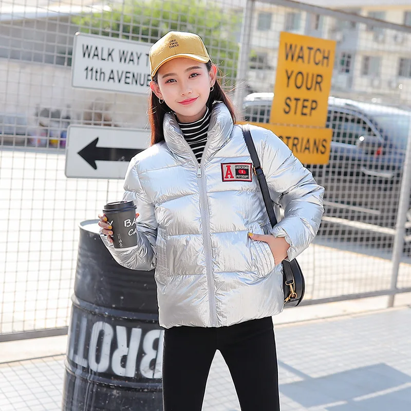FORERUN Women's Winter Puffer Jacket 2019 Solid Glossy Bubble Coat Standard Collar Cotton Padded Slim Warm Parka