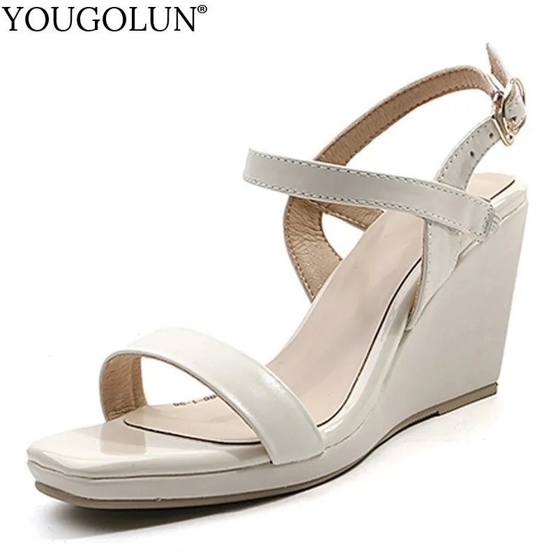 

Cow Leather Wedges Sandals Women Summer Lady T-Strap High Heels Sandal A272 Sexy Woman Buckle Apricot Black Beige T-Strap Shoes