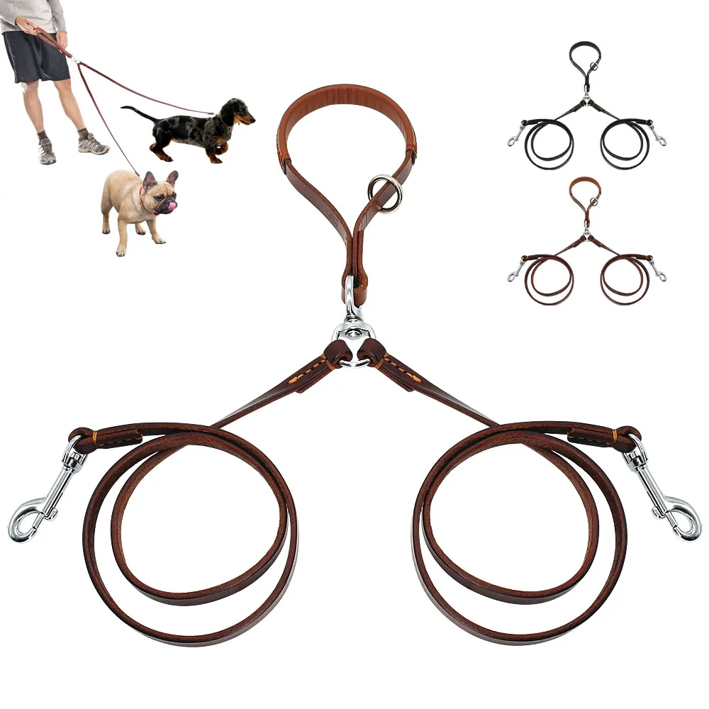 Comprar 2 vías correa para perro doble dos cables de cuero para mascotas acoplador de NoTangle con mango para caminar y entrenar 2 perros medianos pequeños