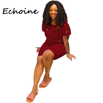 

Echoine Casual 2 Set Piece Set Woman Top Shirt And Pant Set Hollow Out O-neck Summer Outfit For Women Solid 3 Color