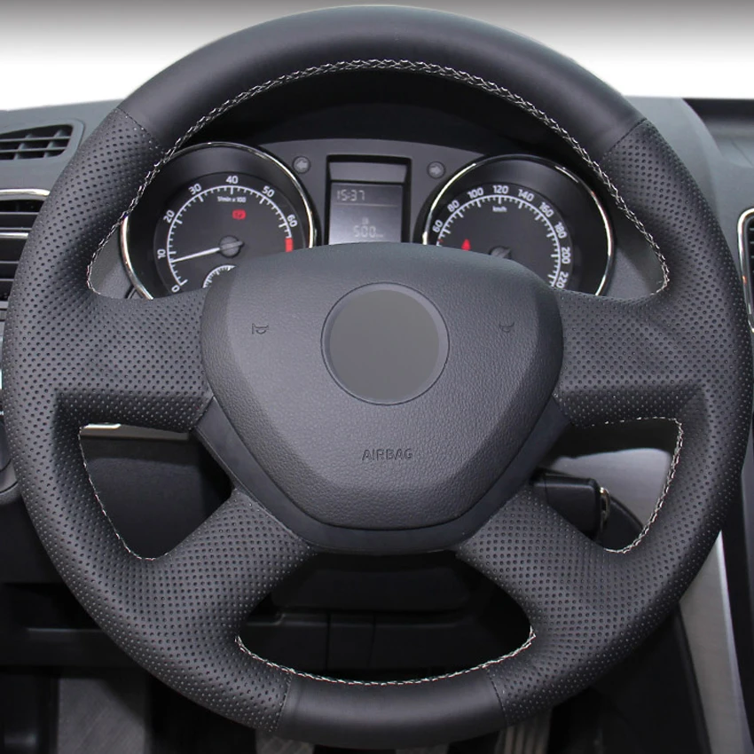 Черный кожаный DIY сшитый вручную чехол рулевого колеса автомобиля для Skoda Yeti