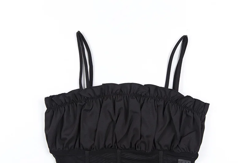 Hugcitar spaghetti straps mesh patchwork ruffles sexy camis 2019 summer women fashion party club streetwear solid crop tops