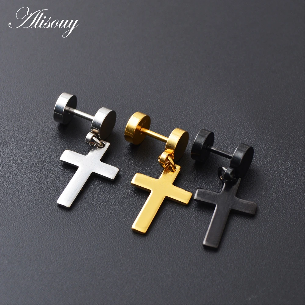 Alisouy Barbell Style Cross Hanging White Black Gold Color Stainless Steel Female Male Stud Earrings Women Men Studs Earring - Image 6