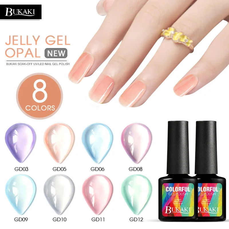 

BUKAKI 8 Colors Opal Jelly Gel Nail Polish Soak Off Nail Art Tips Design UV LED Gel Varnish Semi Permanent Gel Lacquer Vernis