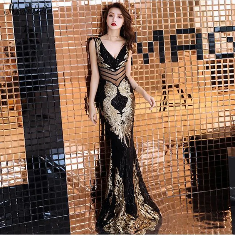 Modabelle черный золото формальное Для женщин вечернее платье Robes De Soiree Longue v-образным вырезом Блестки длинное вечернее платье Vestidos Festa