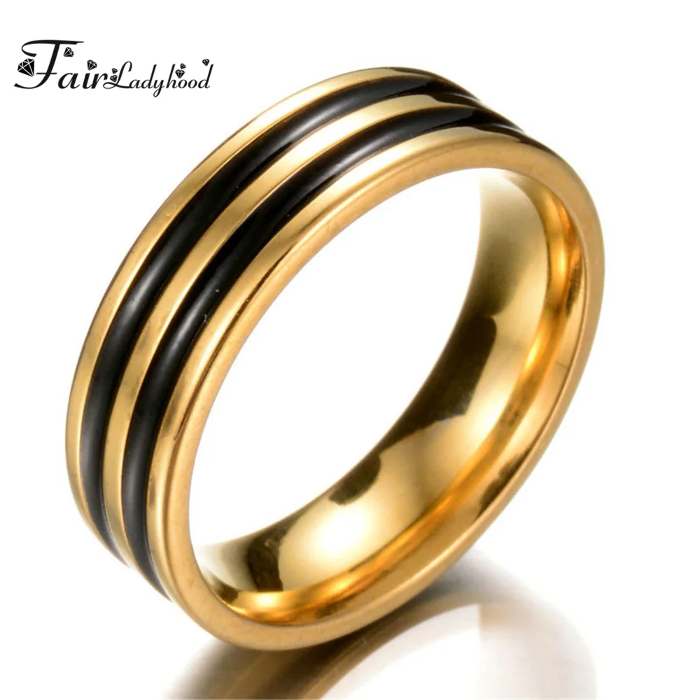 

FairLadyHood Trend Two Black Line Gold Rings Wedding Band Vintage Men Women Jewelry Anime Anel Masculino Aneis Alliance