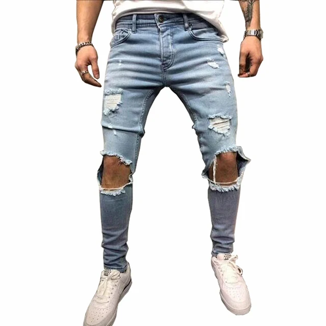 Fashion Streetwear Men's Jeans Vintage Blue Gray Color Skinny Destroyed Ripped Jeans Broken Punk
