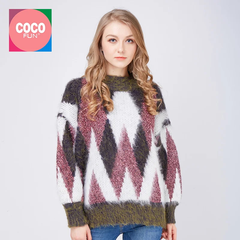 Cashmere Geometric Pullover Round Neck Full Sleeve Jumper Loose Warm Thick Sweater Women Winter Knit Female Coco Fun | Женская одежда