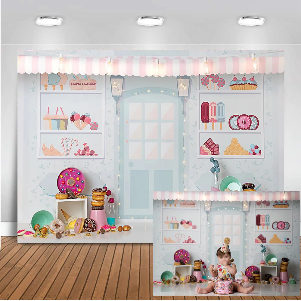 

Neoback Candy Bar Photography Backdrops Sweet Shoppe Birthday Theme Party Banner Decoration Background for Photo Studio