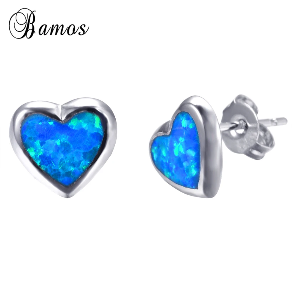 Bamos, женские серьги-гвоздики в форме сердца, синие Серьги с огненным опалом, 925 пробы, серебряные серьги для женщин,, богемное модное ювелирное изделие
