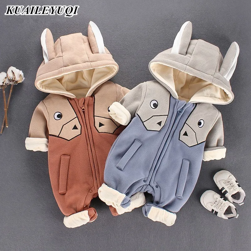 

2019 New born Baby girl winter coat Boys Girls Long Sleeves Warm Cartoon Hooded Romper Jumpsuit Dropshipping Baby kids Clothes