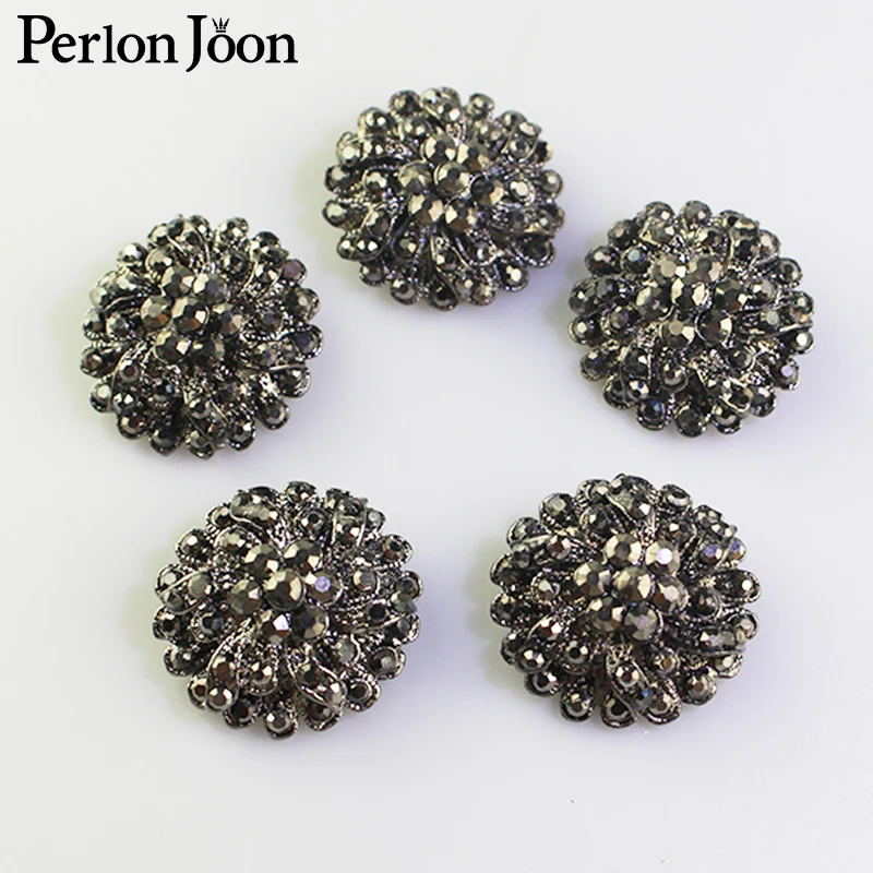 

5Pcs 25mm Black Round Double layer flower Rhinestone buttons black metal clothing button for women coat decoration accessories
