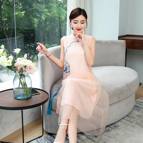 

Summer Dress 2019 Plus Size Women White Dress Improved Cheongsam Silk Tassel Loose Chinese Style Sleeveless Office Lady Dresses